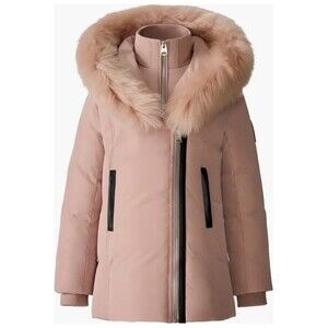 Mackage Girls' Leelee Hooded Down Coat with genuine shearling trim Size 10 Pink
